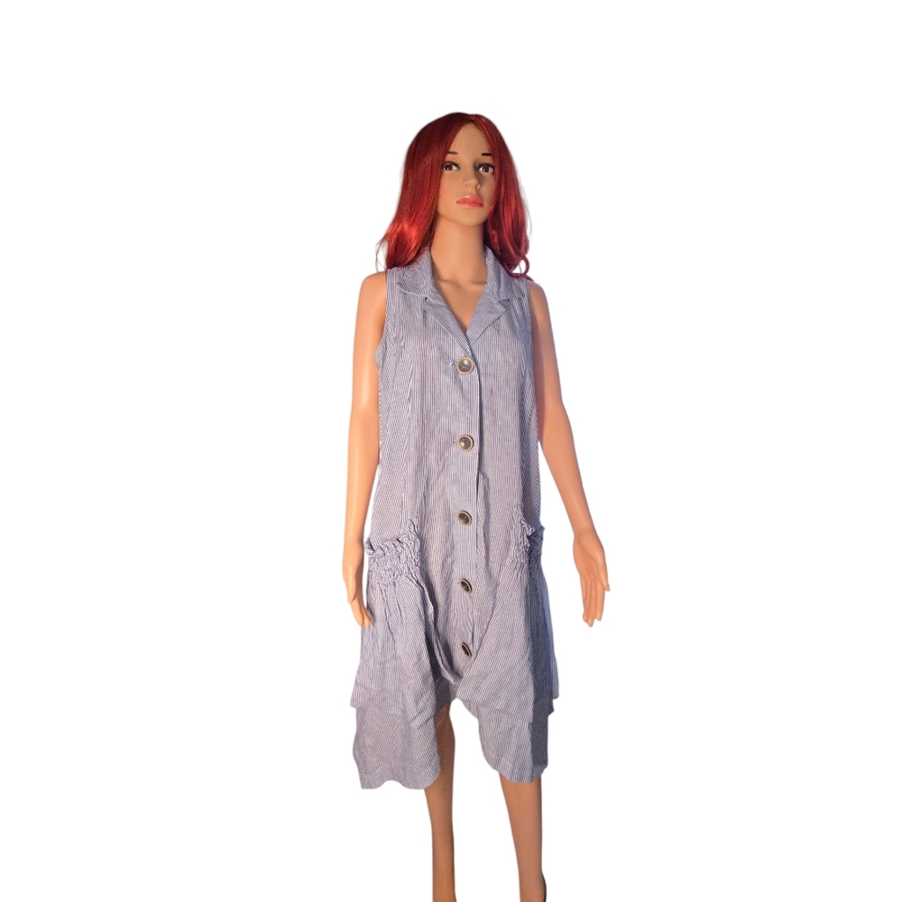 For Cynthia Linen Blend Striped Sark Bite Shirt Dress Patch Ruched Pockets Sz L